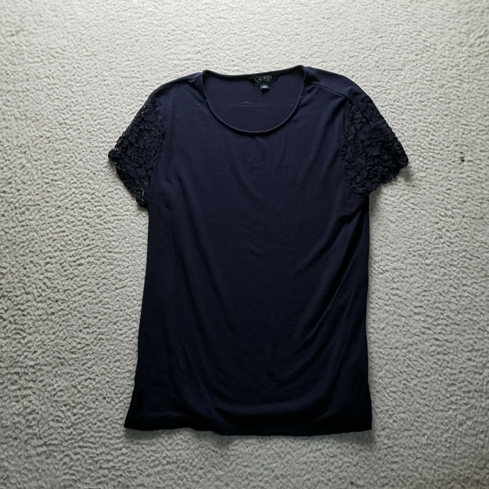 Lauren Ralph Lauren Shirt Womens L Blue Scoop Neck Short Lace Sleeve Jersey Top